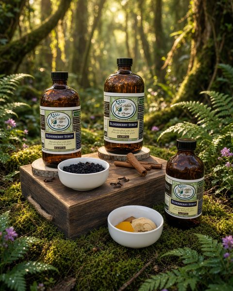 Elderberry Syrup in all three sizes: half pint, pint and quart